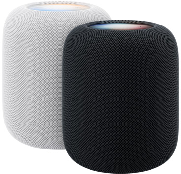 HomePod, iki ünite: beyaz renk ve gece yarısı rengi, her birinin üst ekranı aydınlatılmış