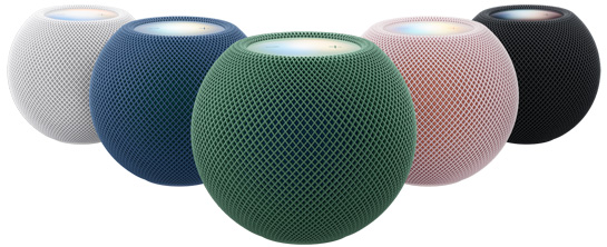 HomePod mini 2, örgü kumaş, üst kısımda dokunmatik yüzey, renk seçenekleri, beyaz, mavi, yeşil, pembe ve gece yarısı