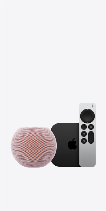 Apple Ev ürünleri, Pembe HomePod mini 2 ve Siri Remote’un yanında duran Apple TV 4K
