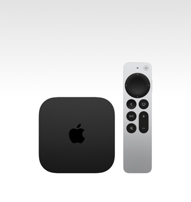 Apple TV 4K, siyah renk, üstten dış görünüm, Siri Remote ile gösteriliyor, gümüş rengi