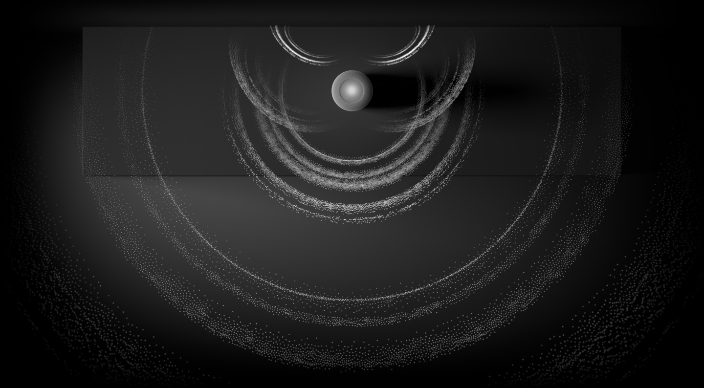 A visualisation of Spatial Audio, a bird&rsquo;s eye view of HomePod with rippling rings of sound particles emanating from it.