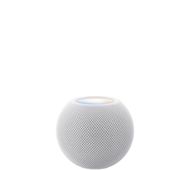 HomePod mini 2, white colour, front exterior, compact spherical design, seamless acoustic mesh fabric. Top exterior, flat backlit touch surface, multicoloured illumination