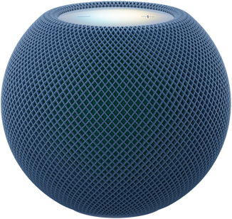 HomePod mini 2 blu (blu scuro), mostrato di fronte, design compatto sferico, tessuto traforato acustico. Vista dall’alto, superficie touch retroilluminata, illuminazione multicolore