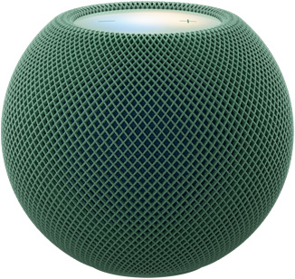 HomePod mini 2 verde (verde scuro), mostrato di fronte, design sferico compatto, tessuto traforato acustico. Vista dall’alto, superficie touch retroilluminata, illuminazione multicolore