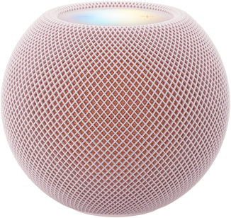 HomePod mini 2 rosa (rosa chiaro) mostrato di fronte, design sferico compatto, tessuto traforato acustico. Vista dall’alto, superficie touch retroilluminata, illuminazione multicolore