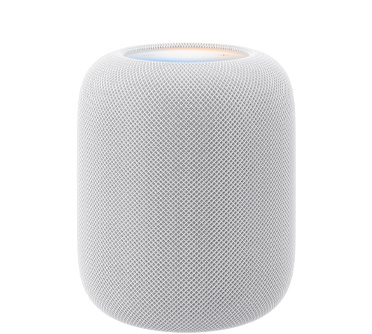 白色 HomePod (第 2 代) 的正面外觀，展示圓柱形設計和無縫聲學網狀織物。頂部外觀，展示平滑的背光觸控表面，綻放彩色光暈
