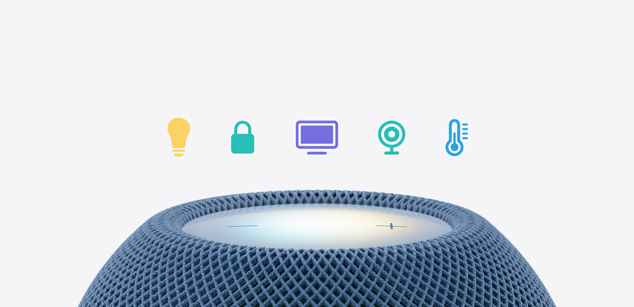 藍色 HomePod mini 2 的頂部外觀，展示發光的觸控表面，上方有五個智慧家庭圖像，包括燈泡、掛鎖、電視、安全攝影機、溫度計