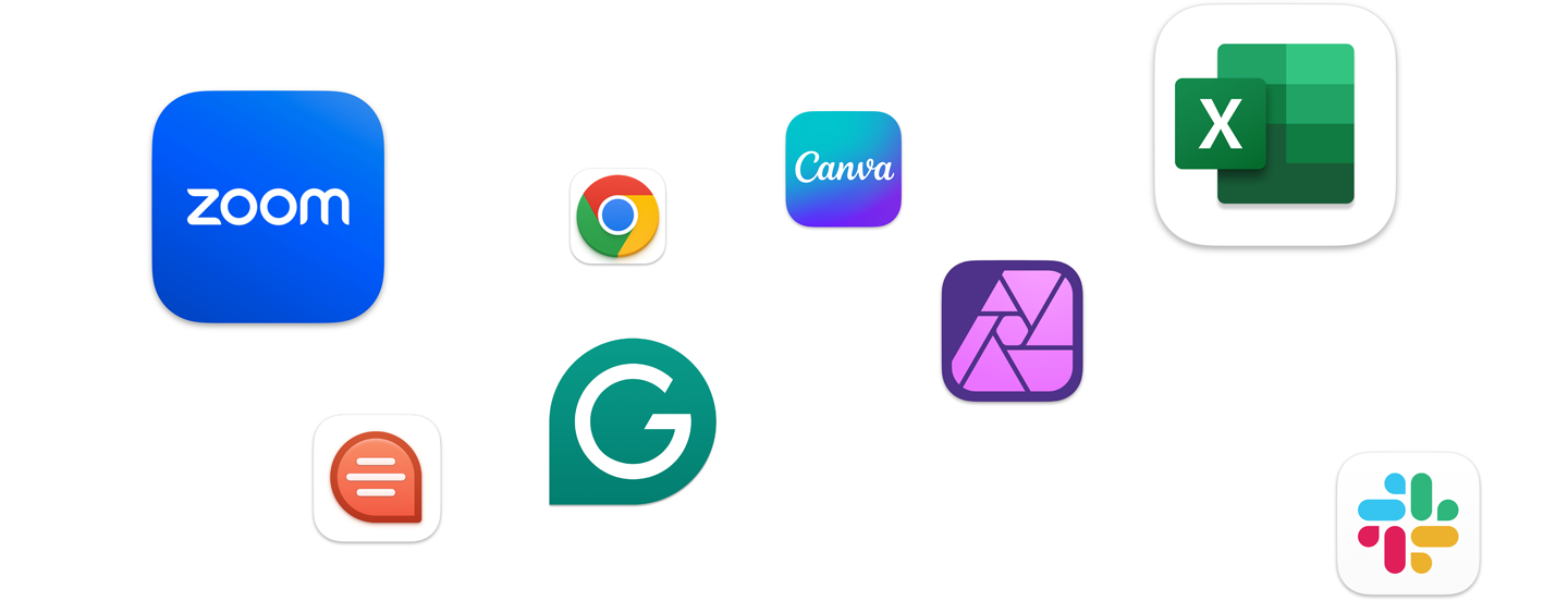 Varios íconos de apps flotando en pantalla, como Zoom, Canva, Microsoft Excel y Adobe Photoshop