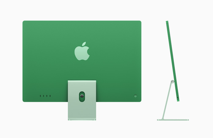 Rear exterior of iMac, green color. Side exterior of iMac, green color