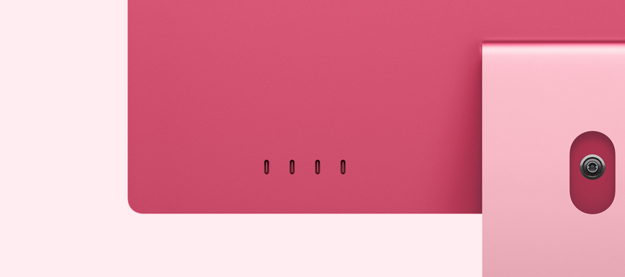 iMac, pink color, back exterior, four Thunderbolt ports