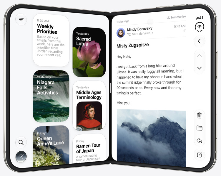 iPhone Duo stands upright in open book position, left panel shows Siri app, right panel shows the Mail app
