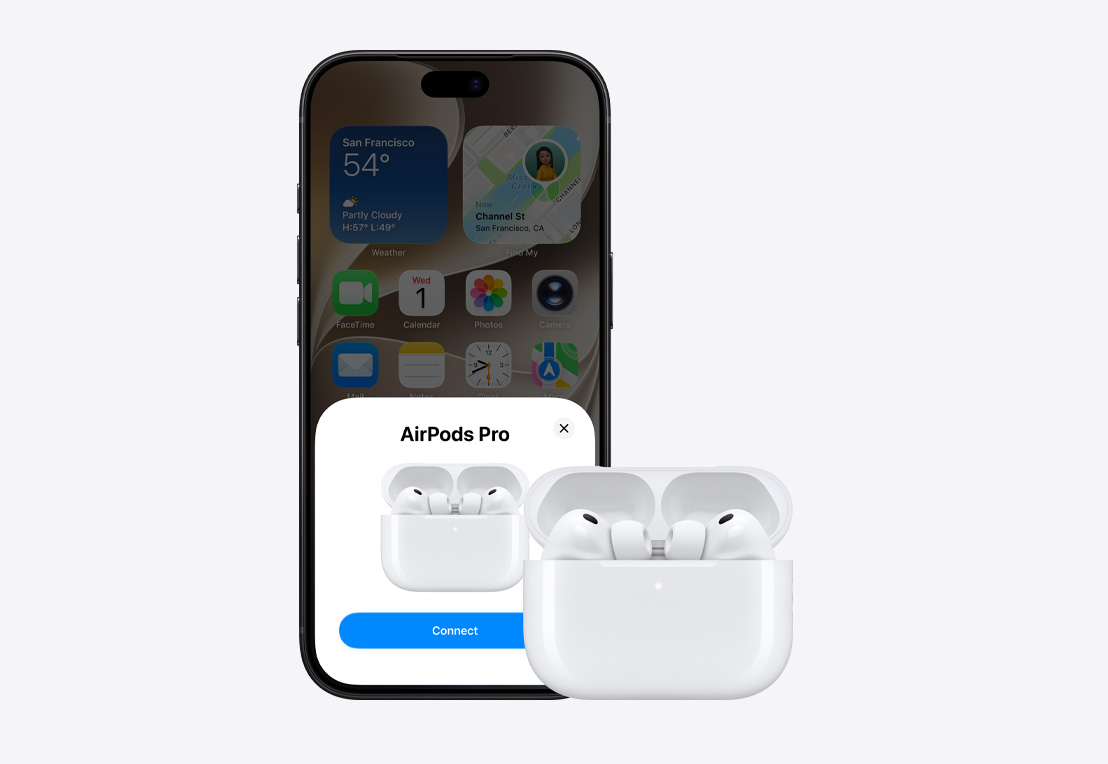 iPhone 18 Pro, вид спереду, відкритий початковий екран, спливне сповіщення про підключення на екрані, поруч AirPods Pro 3 у відкритому зарядному футлярі MagSafe
