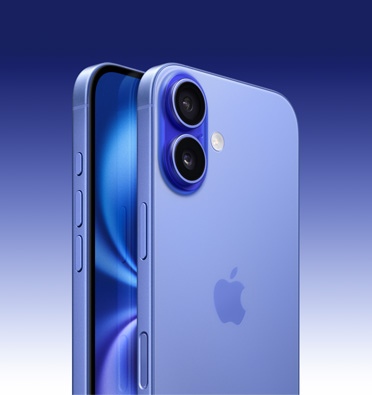 iPhone 16 en color ultramarino, con parte de la pantalla visible y vista lateral que permite ver el Botón de Acción, el botón de volumen y el botón lateral. Parte posterior que muestra el sistema avanzado de dos cámaras en la esquina superior izquierda