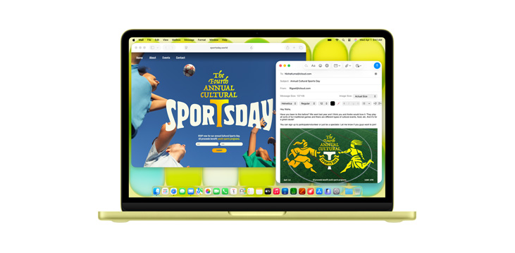 Varias apps abiertas en un MacBook Neo, como Safari y Mail, con un folleto que dice, en inglés, "el cuarto día anual del deporte y la cultura".