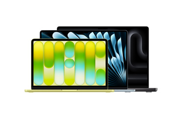 Üç adet MacBook ürünü: 13 inç MacBook Neo, kapak açık, puslu sarı renk, Liquid Retina ekran, yükseltilmiş yuvarlak ayaklar; 15 inç MacBook Air, kapak açık, gök mavisi rengi, yükseltilmiş yuvarlak ayaklar; 16 inç MacBook Pro, kapak açık, uzay siyahı rengi, yükseltilmiş yuvarlak ayaklar