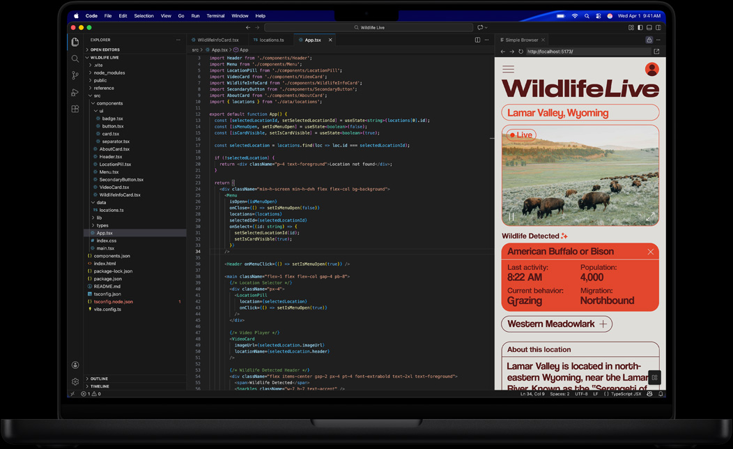 MacBook Pro screen showing coding an app using Visual Studio Code