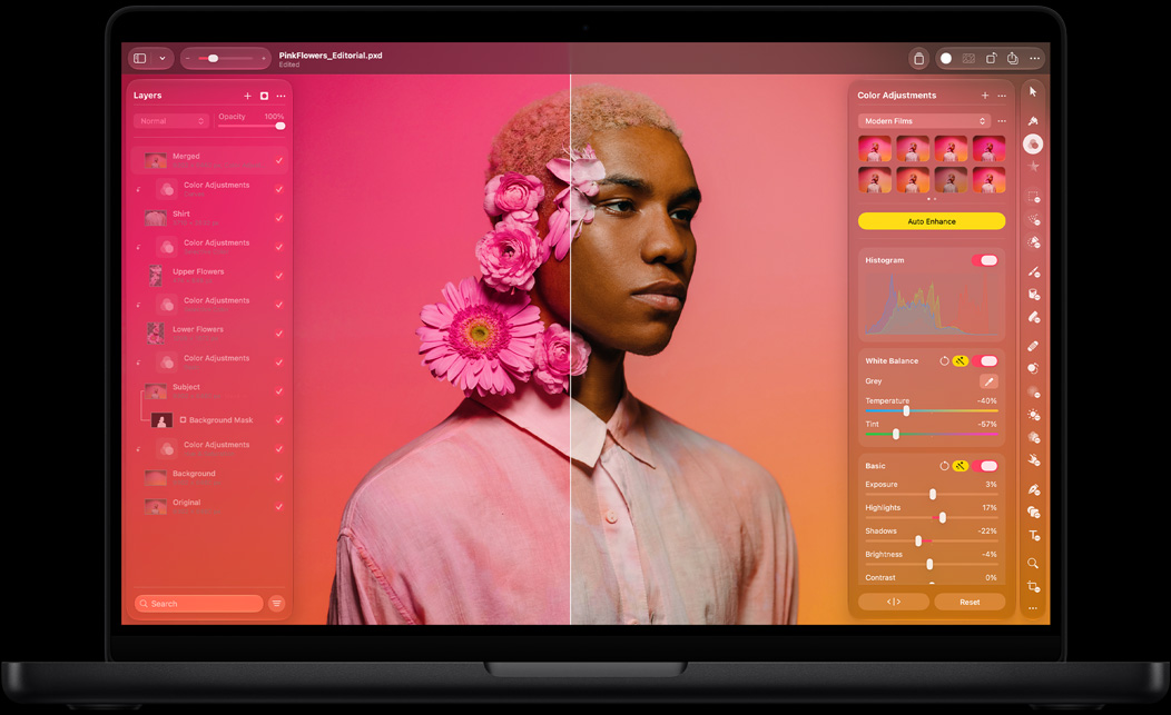 Screen showing Pixelmator Pro, split before and after portrait, pink flowers in subject's hair, left side vibrant pink color tones, right side neutral tones, Layers panel on left, Color Adjustments panel on right