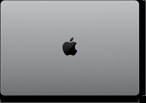 MacBook Pro con pantalla PROLED XDR, color plata, parte superior, cerrada, se muestran estas medidas: 24.42 centímetros de profundidad y 35.55 centímetros de ancho
