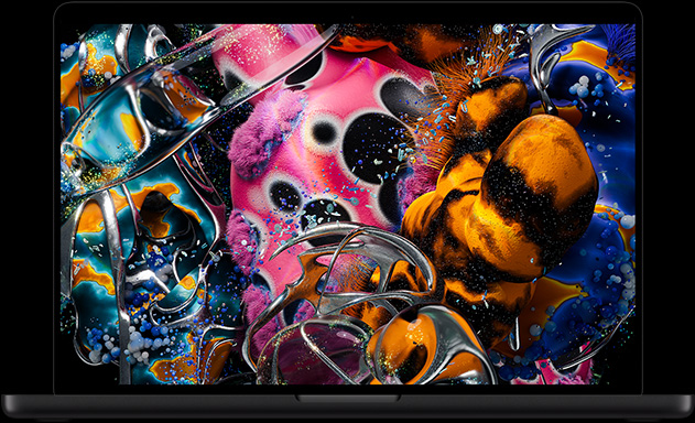 MacBook Pro con pantalla PROLED XDR, color negro espacial, la pantalla muestra una imagen detallada con alto contraste y colores vívidos