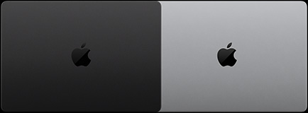 MacBook Pro con pantalla PROLED XDR, color negro espacial, parte superior, cerrada, y MacBook Pro con pantalla PROLED XDR, color plata, parte superior, cerrada