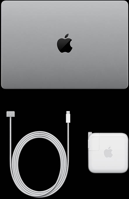 MacBook Pro con pantalla PROLED XDR, color plata, parte superior, cerrada, cable de carga USB-C y adaptador de corriente