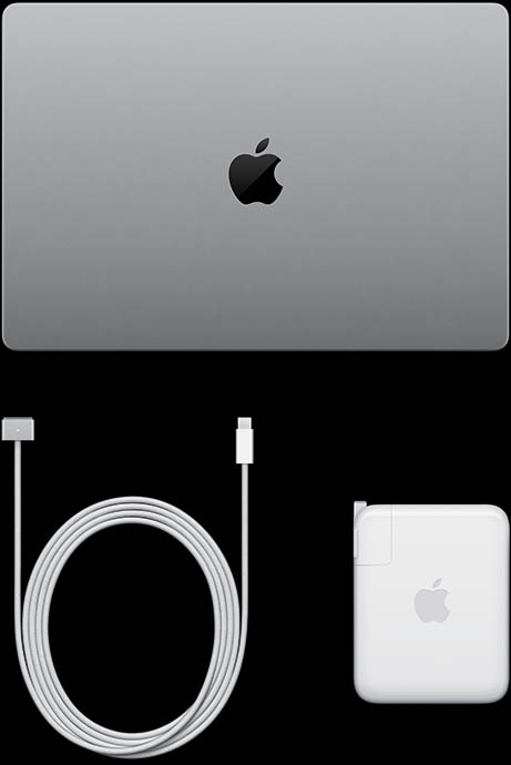 MacBook Pro con pantalla PROLED XDR, color plata, parte superior, cerrada, cable de carga USB-C y adaptador de corriente