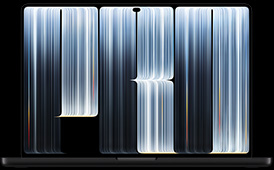 MacBook Pro con pantalla PROLED XDR, color negro espacial, abierta, la pantalla muestra una serie de objetos en forma de cinta con un patrón de rayas luminosas de distintos anchos que forman la palabra Pro