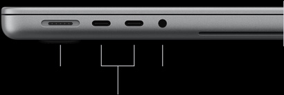 MacBook Pro con pantalla PROLED XDR, color plata, cerrada, lado izquierdo, se muestran los siguientes puertos: MagSafe&nbsp;3, dos Thunderbolt&nbsp;5 y entrada de 3.5&nbsp;mm para audífonos