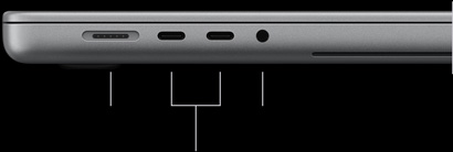 MacBook Pro con pantalla PROLED XDR, color plata, cerrada, lado izquierdo, se muestran los siguientes puertos: MagSafe&nbsp;3, dos Thunderbolt&nbsp;5 y entrada de 3.5&nbsp;mm para audífonos