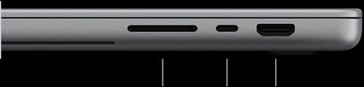 MacBook Pro con pantalla PROLED XDR, color plata, cerrada, lado derecho, se muestran tres puertos: SDXC, Thunderbolt&nbsp;5 y HDMI