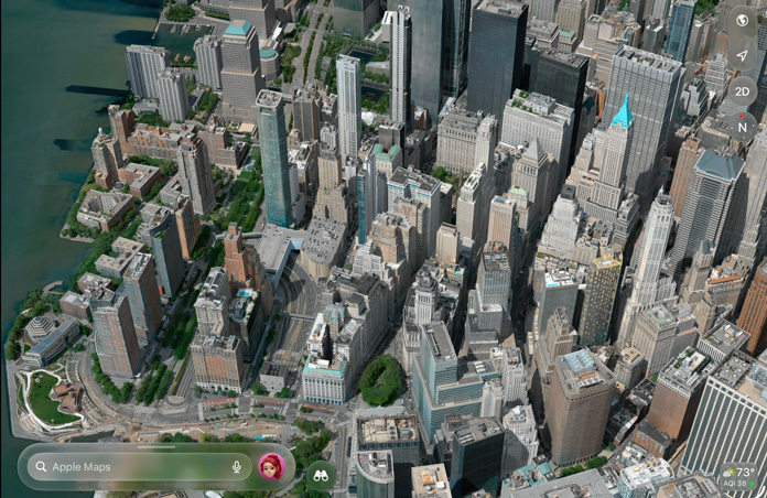 Mapas de Apple muestra una vista aérea detallada de una ciudad con edificios, calles y espacios verdes
