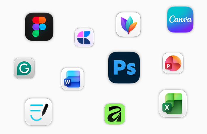 Nhiều biểu tượng ứng dụng lơ lửng trên màn hình, trong đó có Adobe Photoshop, Canva, Microsoft Excel và Figma