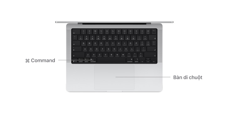 Top view of MacBook Pro 14" with lines indicating where the Command key button and trackpad are.