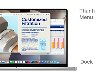 Ask Siri populates helpful research information on MacBook Pro 14", Preview runs in the background with lines indicating the location of the Menu Bar and Dock.
