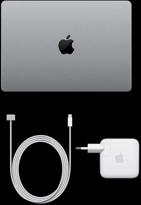 MacBook Pro với Màn hình PROLED XDR, màu bạc, mặt trên, đang đóng, cáp sạc USB-C và bộ tiếp hợp nguồn