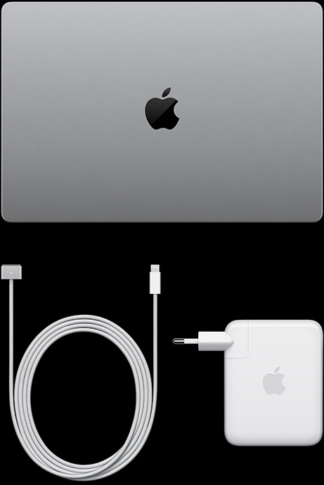 MacBook Pro với Màn hình PROLED XDR, màu bạc, mặt trên, đang đóng, cáp sạc USB-C và bộ tiếp hợp nguồn